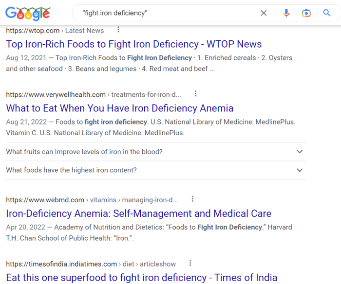 Fig. 2: Excerpt of the search results page for the exact-match search for "fight iron deficiency" in the US.