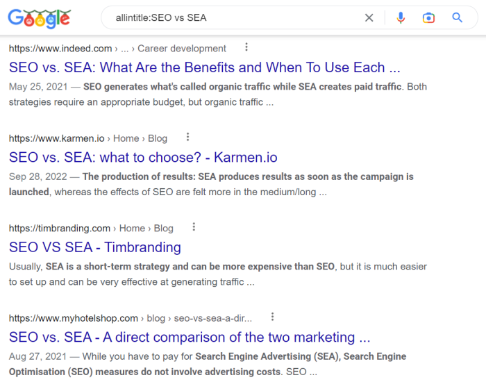 Fig. 4: Excerpt of the search results page when searching for " SEO vs. SEA" in the US after selecting the "words in title" function.