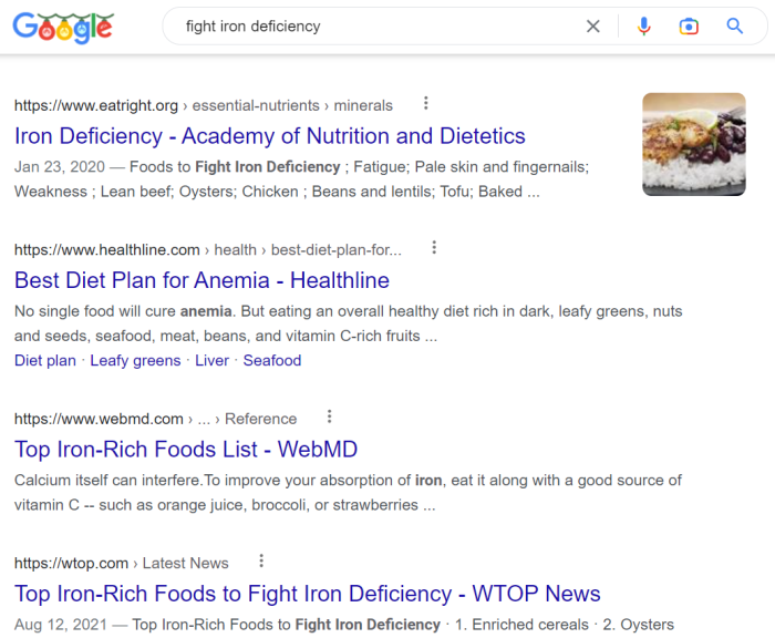 Fig. 1: Excerpt of the search results page when searching for "fight iron deficiency" in the US.