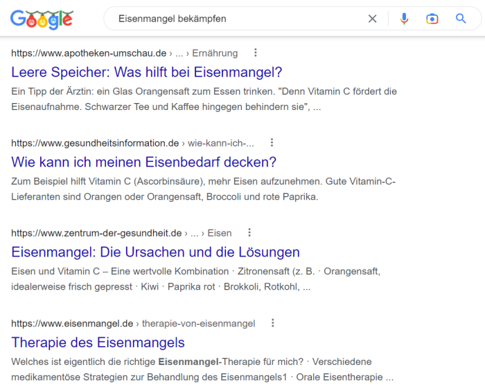 Abbildung 1: Auszug der Suchergebnisseite bei der Suche nach "Eisenmangel bekämpfen". 