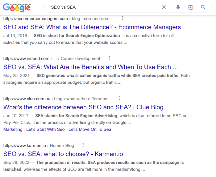 Fig. 3: Excerpt of the search results page when searching for " SEO vs SEA" in the US.