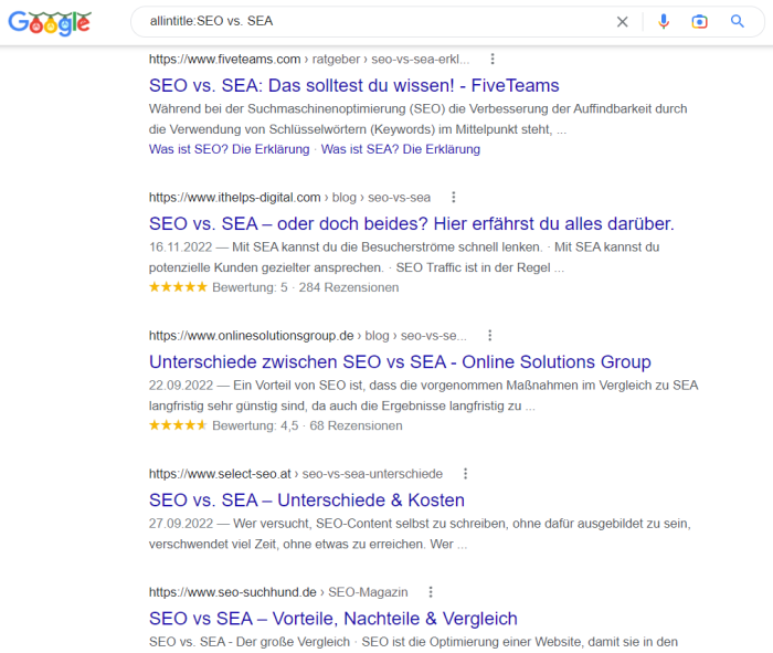 Abbildung 4: Auszug der Suchergebnisseite bei der Suche nach " SEO vs. SEA" nachdem die Funktion „Wörter im Titel“ ausgewählt wurde. 