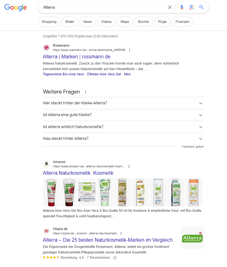 So sehen die Ergebnisse einer Google-Suchanfrage zu der Marke Alterra in Österreich aus.
