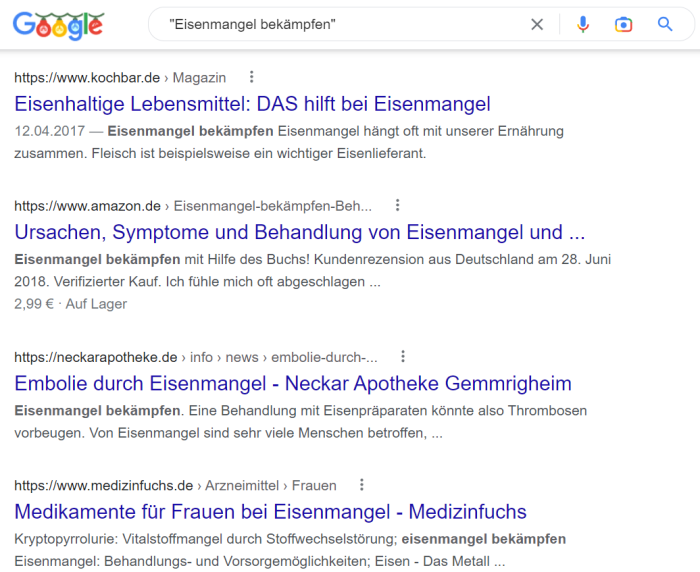 Abbildung 2: Auszug der Suchergebnisseite bei der exakten Suche nach "Eisenmangel bekämpfen".