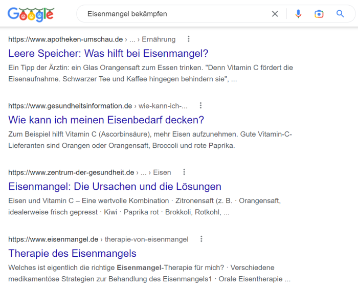 Abbildung 1: Auszug der Suchergebnisseite bei der Suche nach "Eisenmangel bekämpfen".