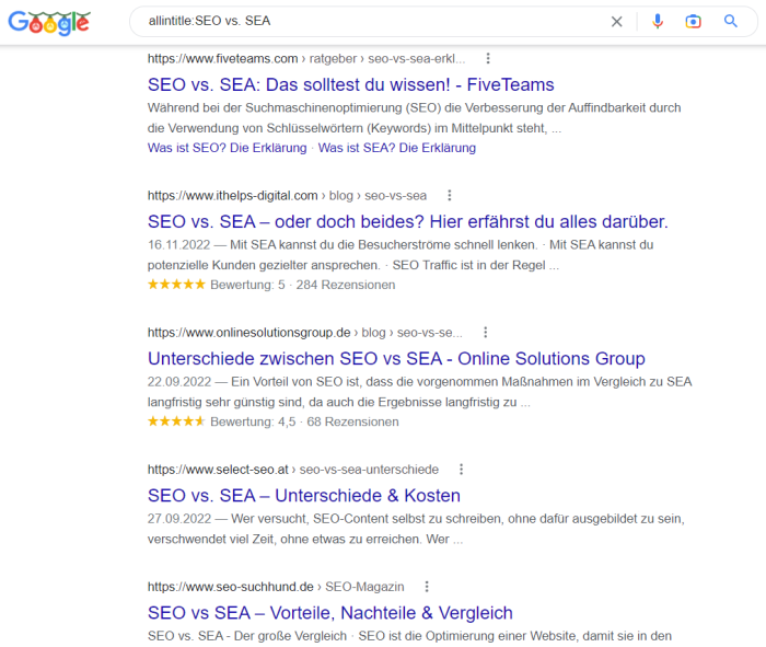 Abbildung 4: Auszug der Suchergebnisseite bei der Suche nach " SEO vs. SEA" nachdem die Funktion „Wörter im Titel“ ausgewählt wurde.