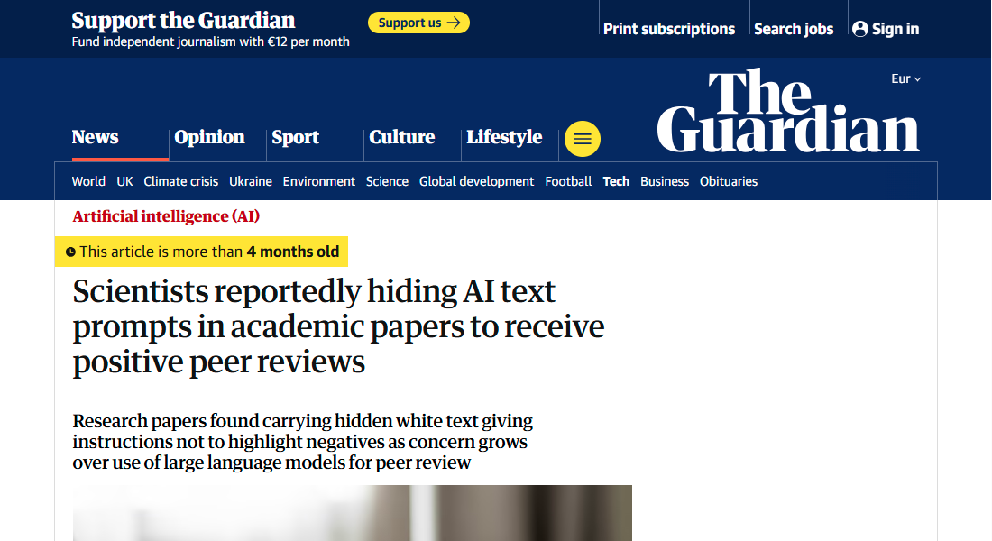 Screenshot: Guardian-Artikel über Wissenschaftler, die versteckte Prompts in Papers einbauen