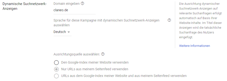 Einstellungen für Dynamic Search Ads auf Kampagnen-Ebene.