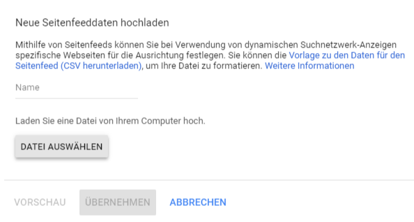 Upload des Seitenfeeds im Bereich „Geschäftsdaten“