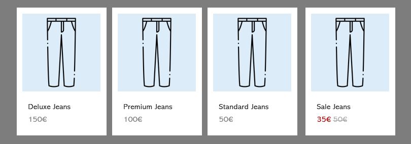 Vier Hosen werden preisllich miteinander verglichen und kosten 150, 100, 50 und 35 Euro, wobei die Hose für 35 Euro zuvor ebenfalls 50 Euro gekostet hat.