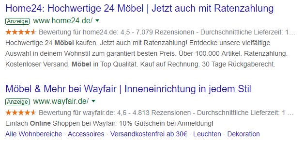 Home24 und Wayfair werben bei Google mit Käuferbewertungen in Form von Sternen.