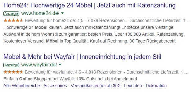 Home24 und Wayfair werben bei Google mit Käuferbewertungen in Form von Sternen.