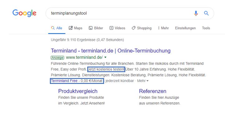 terminland.de wirbt mit kostenlosen Testversionen.