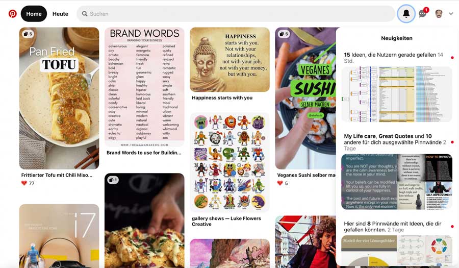Der Homefeed von Pinterest zeigt eine Auswahl an vielen verschiedenen Bildern und Grafiken zu unterschiedlichen Themen.