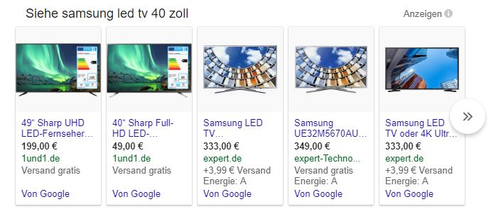 Google Shopping Anzeigen für Samsung Fernseher