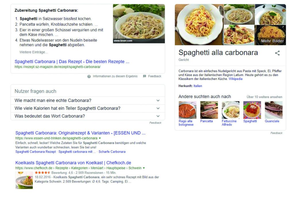 SERP zum Suchbegriff „Spaghetti Carbonara“.