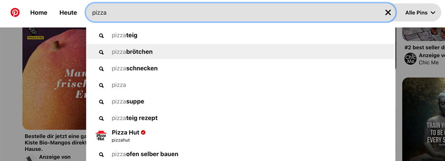 Die Sucheingabe bei Pinterest vervollständigt Suchbegriffe in ähnelt dabei der Google-Suche.