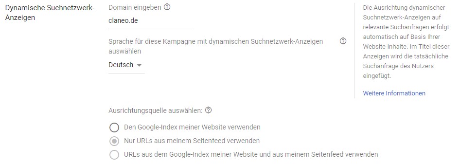 Einstellungen für Dynamic Search Ads auf Kampagnen-Ebene