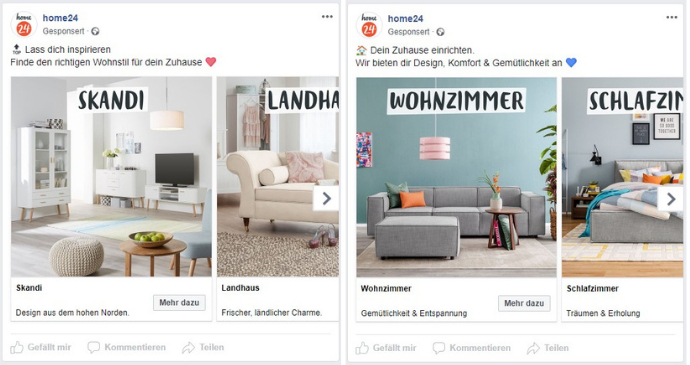 Facebook Karussellanzeigen von home24