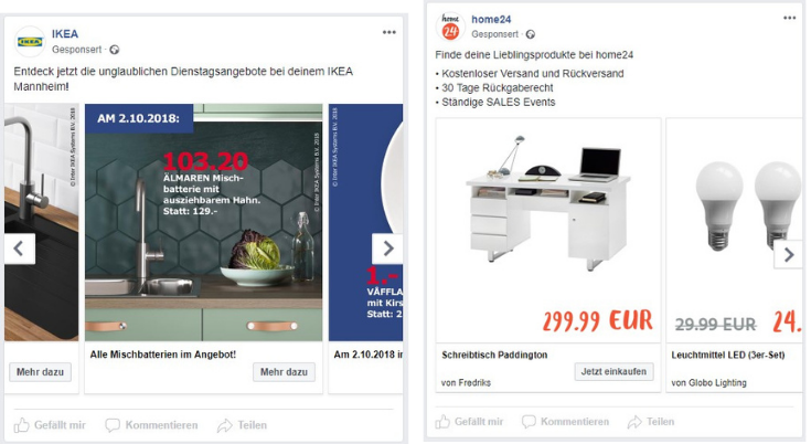 Facebook Produktanzeigen von IKEA und home24