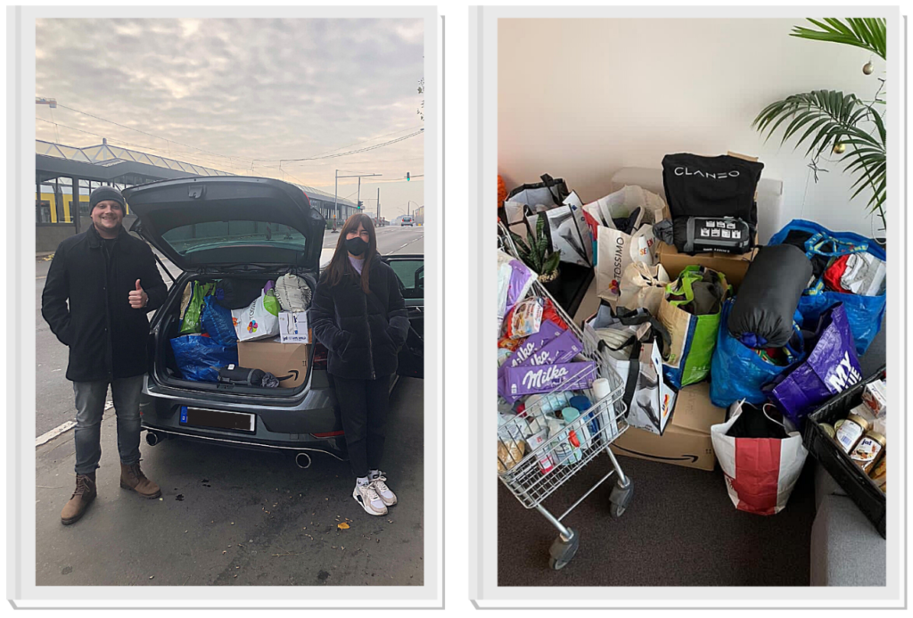Das vollbepackte Auto und die Sachspenden, die zusammengekommen sind.