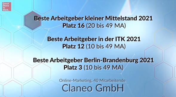 Claneo belegte Platz 16 als kleiner Mittelstand, Platz 12 in der ITK und Platz 3 in Berlin-Brandenburg.