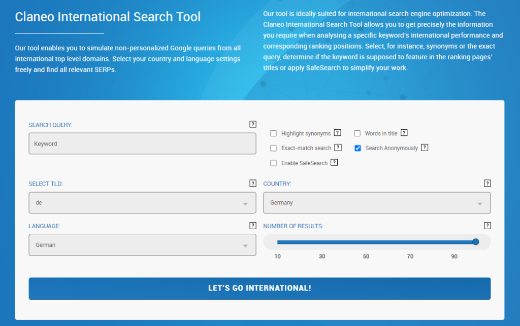 Das Claneo International Search Tool.