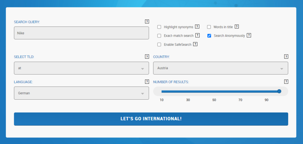 Eine Suchanfrage im International Search Tool.