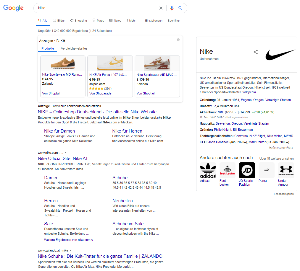 Suchergebnisse bei Google für Nike in Österreich.