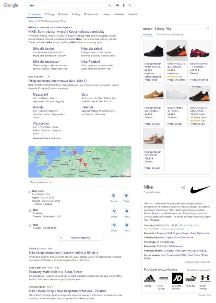 Suchergebnisse bei Google für Nike in Polen.